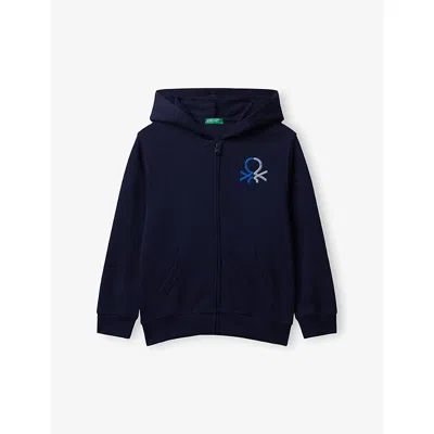 Benetton Kids' Navy Blue Zipped Colour-block Cotton Hoody 6-14