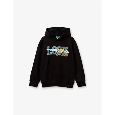Benetton Kids' Nero Garfield-print Relaxed-fit Cotton Hoody 6 In Black