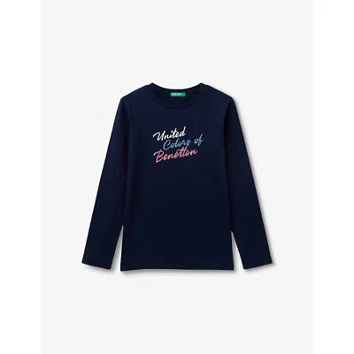 Benetton Kids' Night Blue Glitter-logo Long-sleeve Cotton-jersey T-shirt 6-14