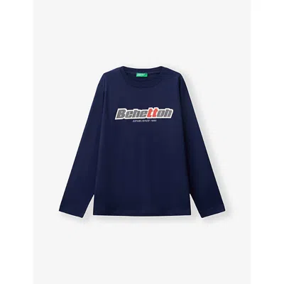 Benetton Kids' Night Blue Logo-print Long-sleeve Cotton-jersey T-shirt 6