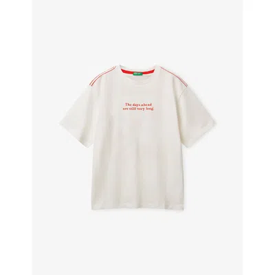 Benetton Kids' Offwhite Embroidered Oversized Cotton-jersey T-shirt 6-14 In White
