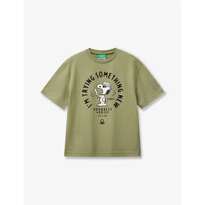 Benetton Kids' Olive Green Graphic-print Short-sleeve Cotton T-shirt 6-14