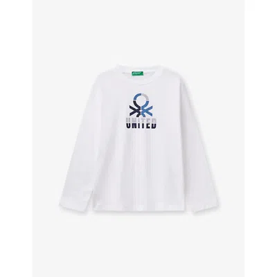 Benetton Kids' Optical White Logo-print Long-sleeve Cotton-jersey T-shirt 6-14