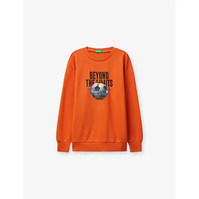 Benetton Kids' Orange Slogan-print Relaxed-fit Cotton Sweatshirt 6-14