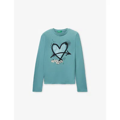 Benetton Kids' Pale Green Glitter Heart-print Long-sleeved Cotton-jersey T-shirt 6-14 In Blue