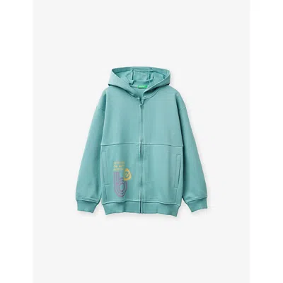 Benetton Kids' Pale Green Zipped Graphic-print Cotton Hoody 6-14