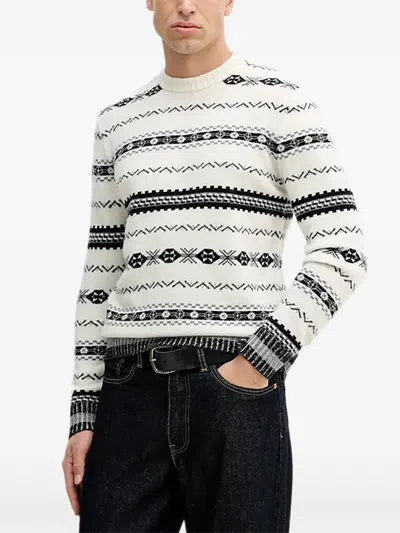 Benetton Patterned Crew-neck Sweater In White