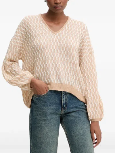 Benetton Patterned V-neck Sweater In Neutral