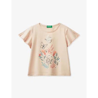Benetton Babies' Floral Print And Tulle-applique Cotton-jersey T-shirt 18 Months - 6 Years In Peach