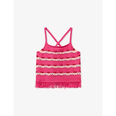 Benetton Kids' Pink Fringe-hem Sleeveless Cotton-blend Crochet Top 6-14