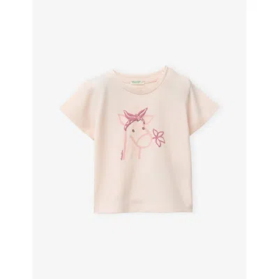 Benetton Babies' Pink Giraffe-print Short-sleeved Cotton-jersey T-shirt 0-18 In Neutral