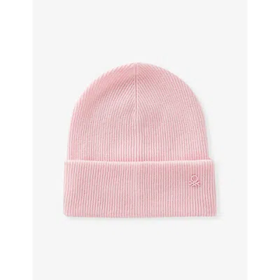 Benetton Logo-embroidered Wool-blend Hat Pink In Pink