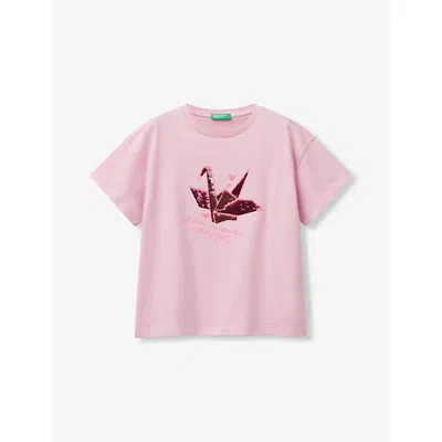 Benetton Kids' Pink Sequin Graphic-embroidered Cotton T-shirt 6-14