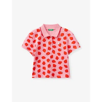 Benetton Babies' Strawberry-print Logo-embroidered Stretch-cotton Polo 6-14 Years In Pink Strawberry