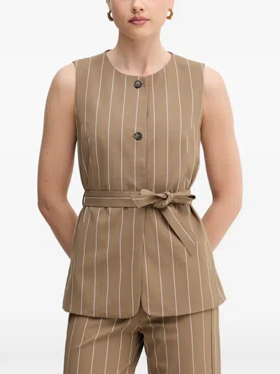 Benetton Pinstripe Belted Top In Brown
