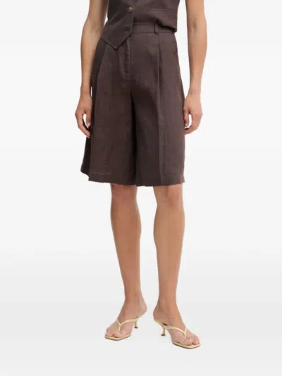 Benetton Pleated Linen Shorts In Brown