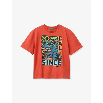 Benetton Kids' Red Branded-print Short-sleeved Cotton-jersey T-shirt 6-13