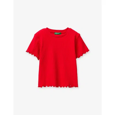 Benetton Kids' Short-sleeved Ribbed Cotton-jersey T-shirt 1-6 In Red
