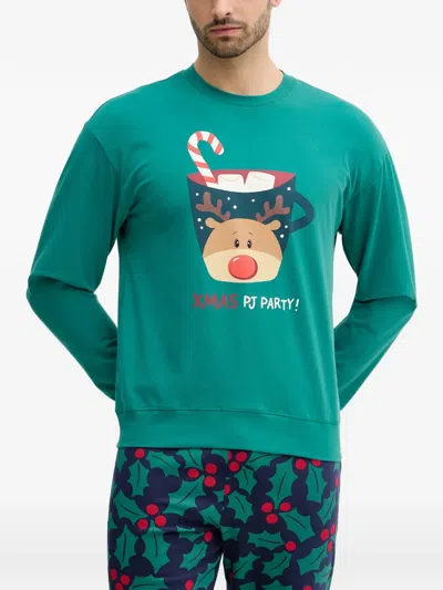 Benetton Reindeer Graphic Christmas Sleepwear In Green
