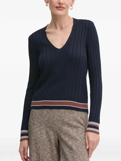 Benetton Ribbed V-neck Sweater In Blue