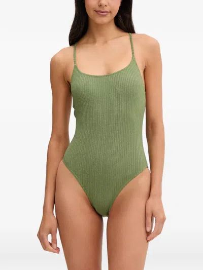 Benetton Ribbed-knit Metallic-thread Swimsuit In Green