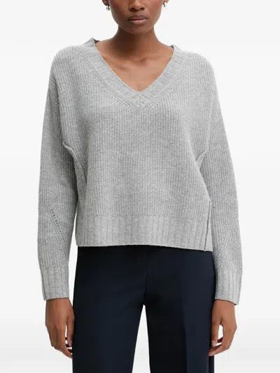 Benetton Ribbed-knit V-neck Sweater In Gray