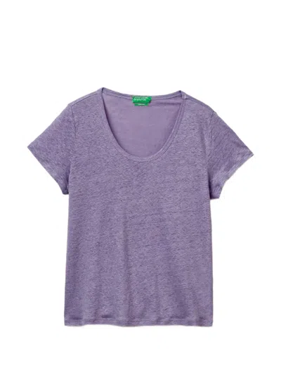 Benetton Scoop-neck Linen T-shirt In Purple