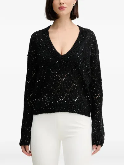 Benetton Sequin V-neck Knit Sweater In Black