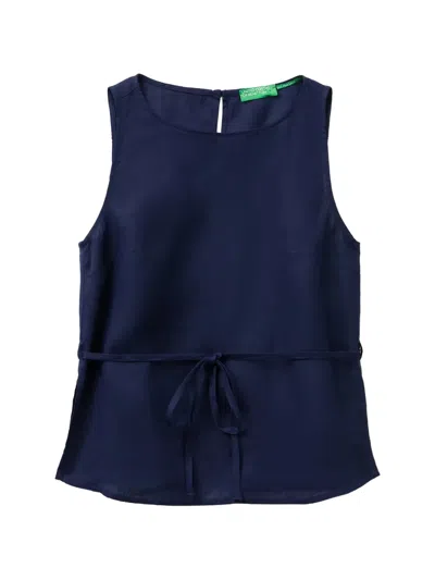 Benetton Sleeveless Belted Blouse In Blue