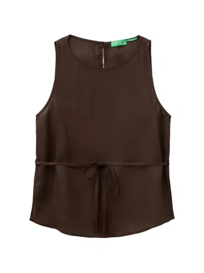 Benetton Sleeveless Belted Blouse In Brown
