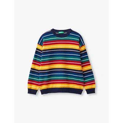 Benetton Kids' Stripe-pattern Cotton And Wool-blend Knitted Jumper 6-14 Years Och In Ochre