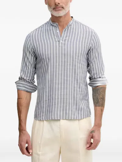 Benetton Striped Band-collar Shirt In Blue