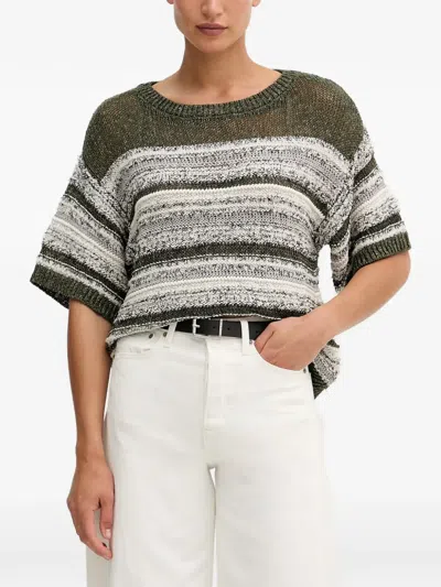Benetton Striped Short-sleeved Cropped Sweater In 그린