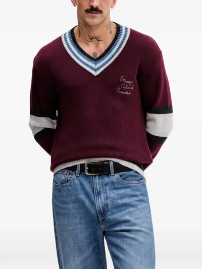 Benetton Striped V-neck Sweater In Red