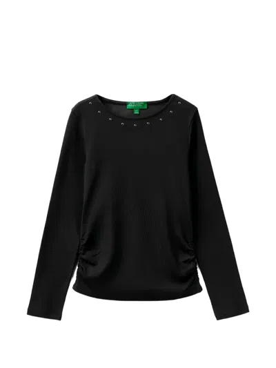 Benetton Kids' Stud-embellished Ruched T-shirt In Black