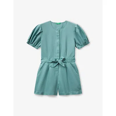 Benetton Kids' Puff-sleeve Linen-blend Jumpsuit 6-14 Years Teal Green