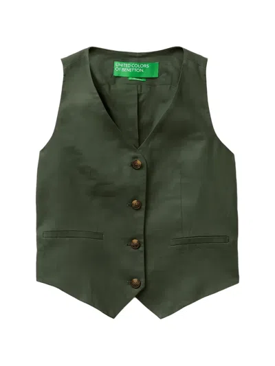 Benetton V-neck Button-up Waistcoat In Green