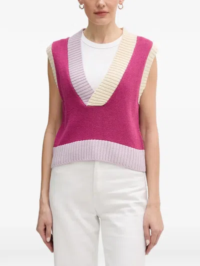 Benetton V-neck Colour-block Ribbed-knit Vest In Multi