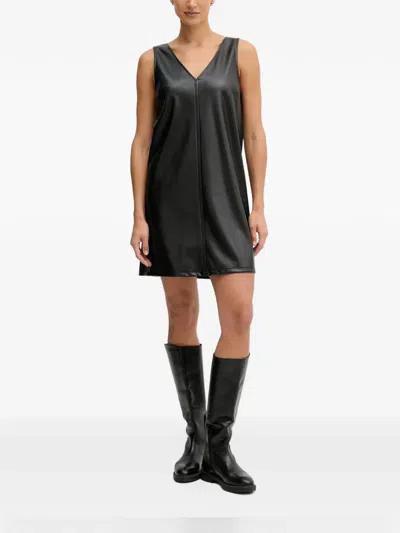 Benetton V-neck Faux-leather Mini Dress In Black