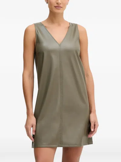 Benetton V-neck Faux-leather Mini Dress In Green