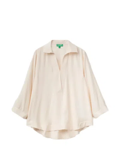Benetton V-neck Long-sleeve Blouse In Neutral
