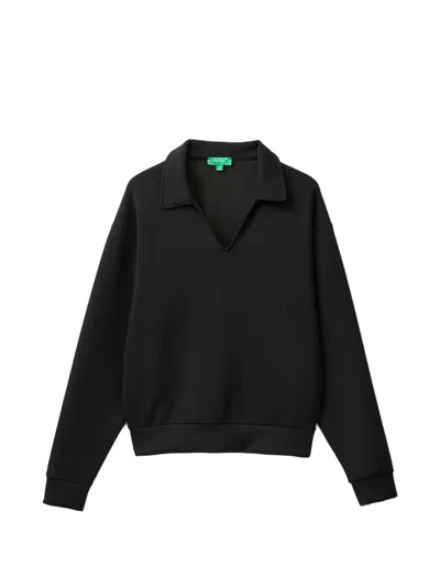 Benetton V-neck Polo Shirt In Black