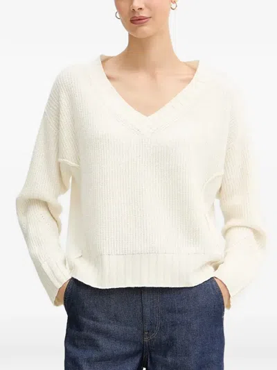Benetton V-neck Ribbed-knit Sweater In White