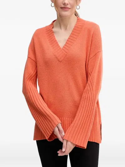 Benetton V-neck Ribbed-trim Sweater In Orange