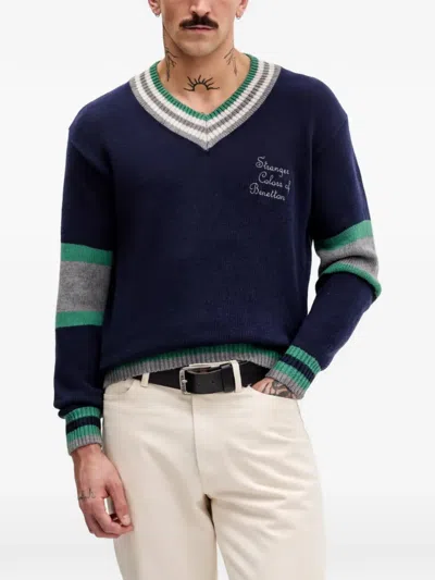 Benetton V-neck Striped Jumper In Blue