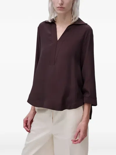 Benetton V-neck Three-quarter Sleeve Blouse In Brown