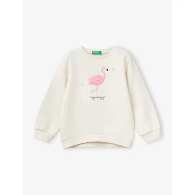 Benetton Kids' White Cream Petal Flamingo Embroidered Cotton Sweatshirt 18 Months - 6