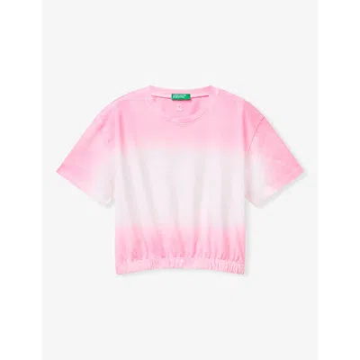 Benetton Womens Logo-embroidered Tie-dye Cotton T-shirt 6-14 Years Fluo Pink