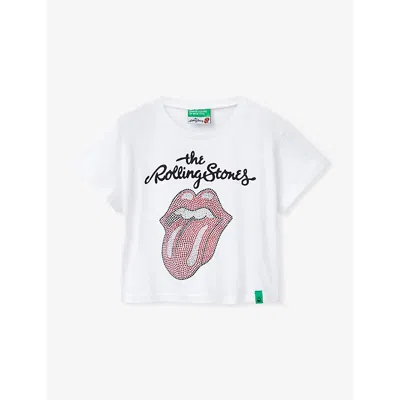 Benetton Womens The Rolling Stones Rhinestone-embellished Cotton T-shirt 6-14 Years Mat Grey