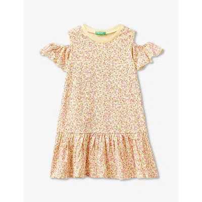 Benetton Babies'  Yellow Floral Floral-print Frill-sleeve Cotton Mini Dress 18 Months-6 Years